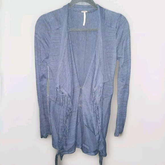 Free People Women's Navy Blue Small Cardigan Duster Fringe Long Sleeve Sweater - Picture 1 of 13